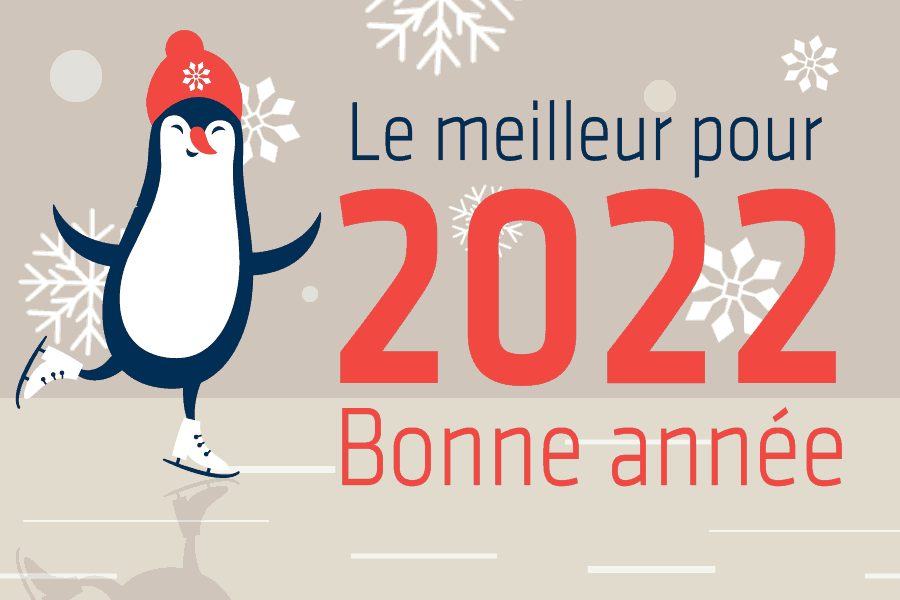 Pingouin sur une patinoire souhaitant une bonne année 2022